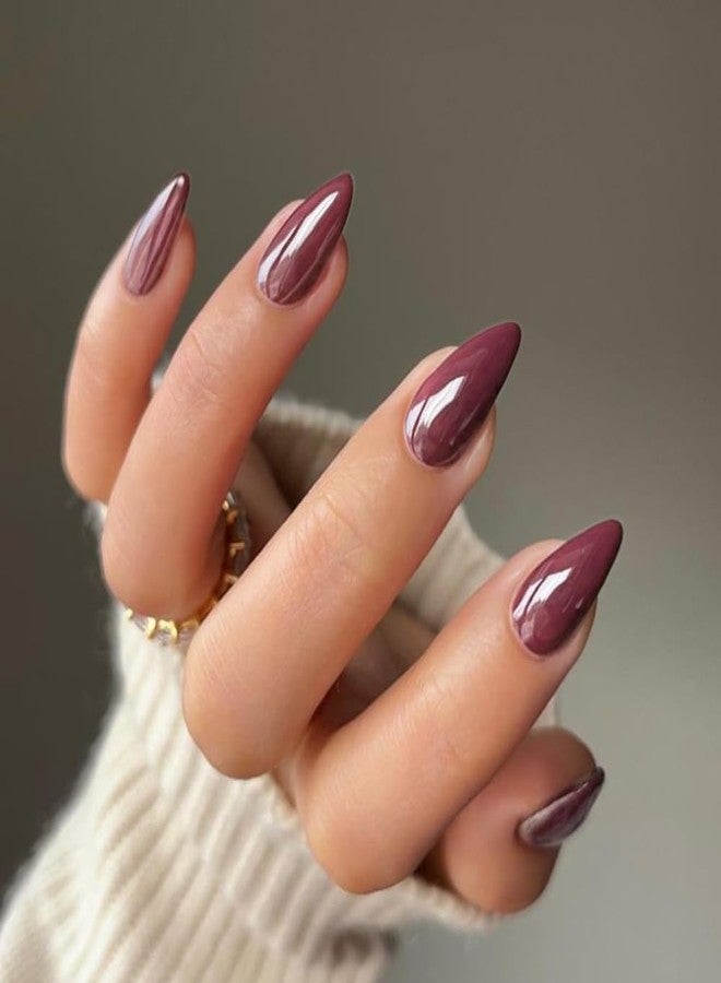 XCREANDO Plum Press on Nails Almond Shaped Nails Press ons, Medium Fake Nails Almond Acrylic Nails Glue on Nail Medium Length False Nail for Women Thick Natural Gel Stiletto 24Pcs - Image 1